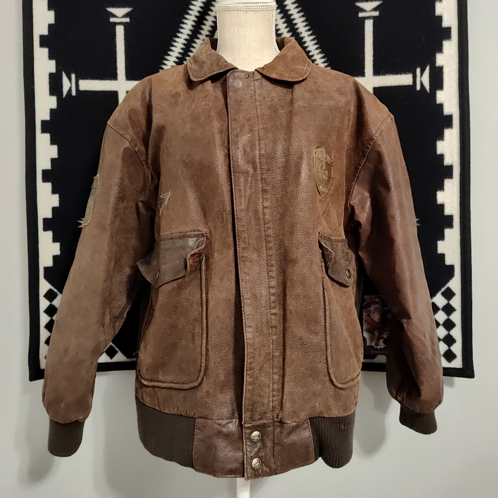 🤎 Vintage 90's Fox Run Vintage Unisex Wear Leather Bomber Jacket w/Patches, SM
